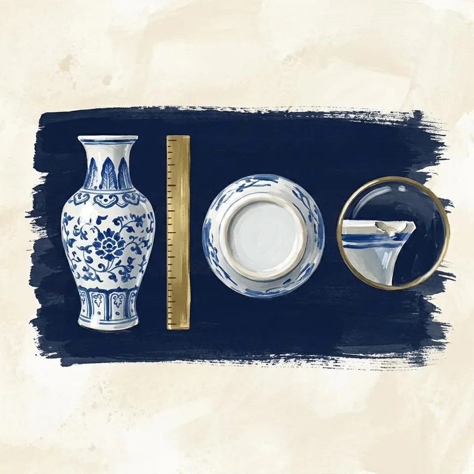 Hand-painted study of one blue-and-white vase: whole beside a ruler, seen from below at its plain foot ring, and magnified at a small rim chip