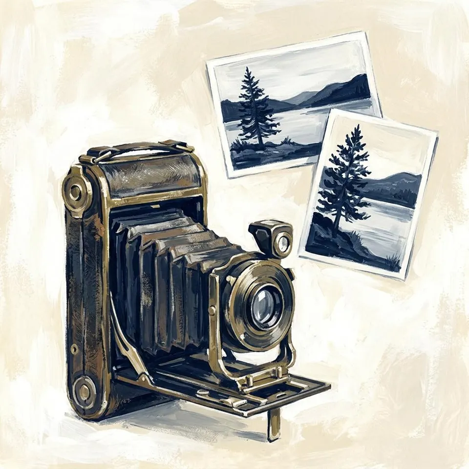 Hand-painted illustration of a well-used unbranded folding camera beside two landscape contact prints of the same lakeside scene, one wide and one closer